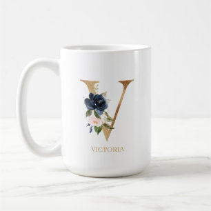 Monogram Brev ’V’-Personlig för marin  Blommi Kaffemugg