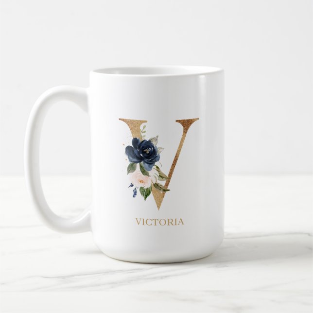 Monogram Brev ’V’-Personlig för marin  Blommigt Kaffemugg (Vänster)