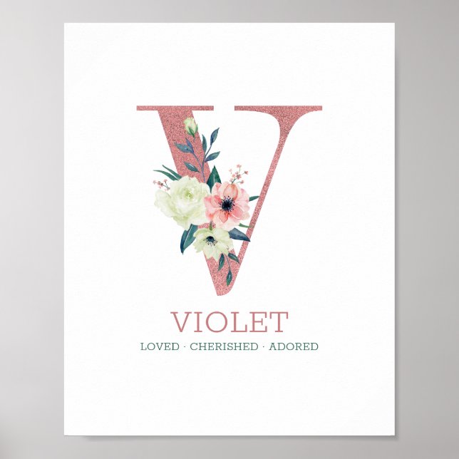 Monogram Brev V Rosa Watercolor Blommigt Nursery Poster (Framsidan)