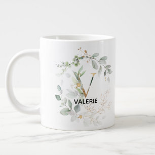 Monogram Brev V Utslag av Löv i Grönt Jumbo Mugg