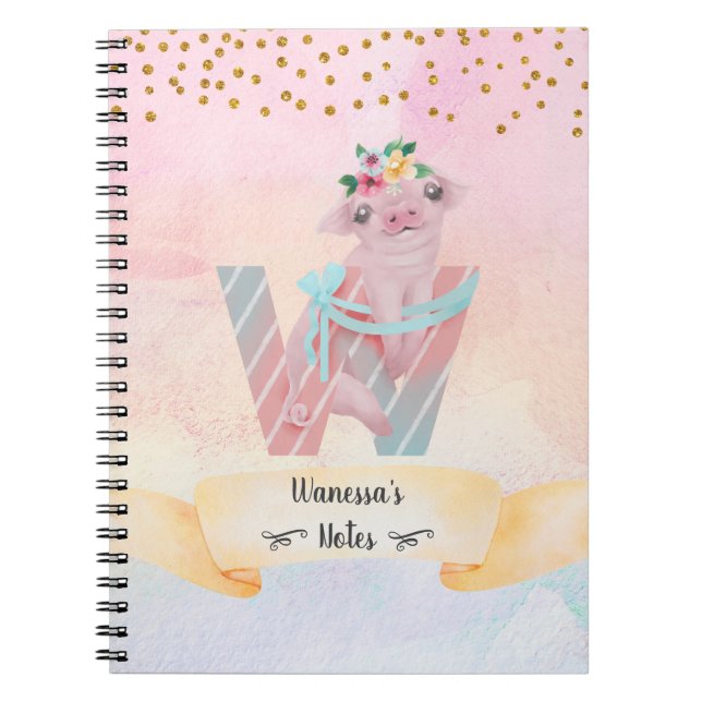 Monogram Brev W Baby Pig Homeschool Girl Anteckningsbok (Framsidan)