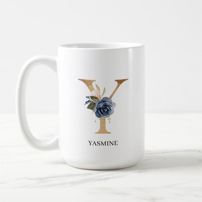 Monogram Brev "Y"-Personlig för marin  Blommigt Kaffemugg (Vänster)