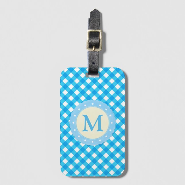 Monogram Bright Blue Gingham Mönster Bagagebricka (Framsida vertikal)