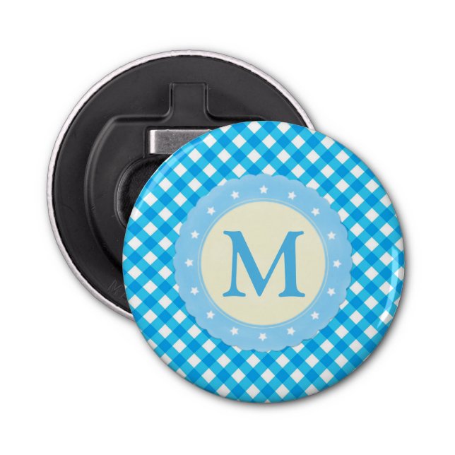 Monogram Bright Blue Gingham Mönster Flasköppnare (Framsidan)