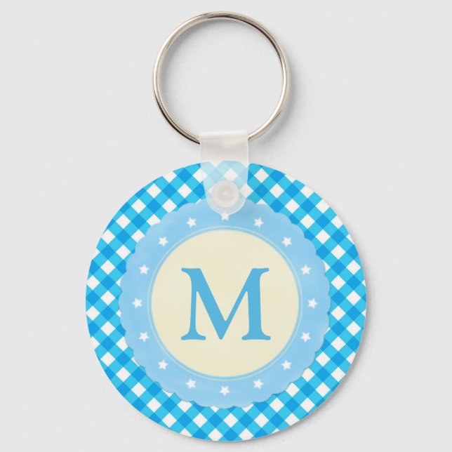 Monogram Bright Blue Gingham Mönster Nyckelring (Framsida)