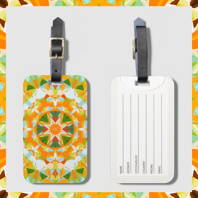 Monogram Bright Orange Grönt Magic Star Girl Bagagebricka (Custom Monogram Bright Orange & Green Star Luggage Tag. Front and Back View.)
