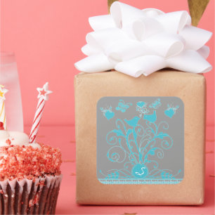 Monogram Bröllop Birds Hearts Swirls Aqua Blue Fyrkantigt Klistermärke