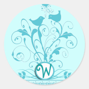 Monogram Bröllop Birds Hearts Swirls Aqua Blue Runt Klistermärke