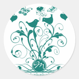 Monogram Bröllop Birds Hearts Swirls Deep Aqua Runt Klistermärke