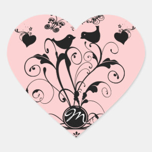 Monogram Bröllop Birds Hearts Swirls Hjärtformat Klistermärke