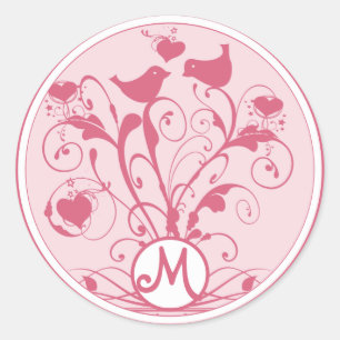 Monogram Bröllop Birds Hearts Swirls Honeysuckle Runt Klistermärke