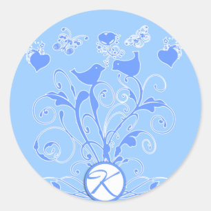 Monogram Bröllop Birds Hearts Swirls Powder Blue Runt Klistermärke