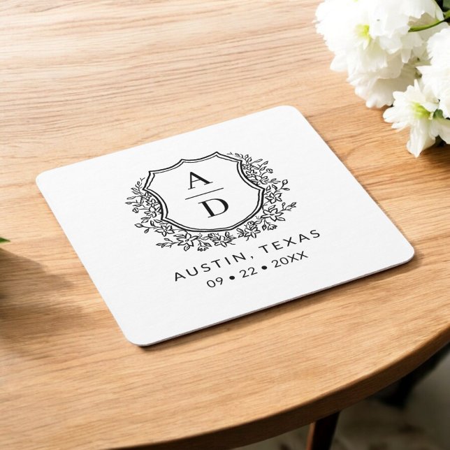 Monogram Bröllop Blommigt Vapensköld Elegant Underlägg Papper Kvadrat (Skapare uppladdad)