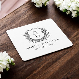 Monogram Bröllop Blommigt Vapensköld Elegant Underlägg Papper Kvadrat