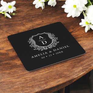 Monogram Bröllop Blommigt Vapensköld Elegant Underlägg Papper Kvadrat