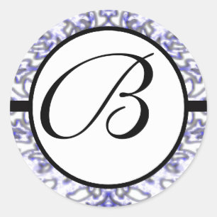 Monogram Bröllop Blue Damask Runt Klistermärke
