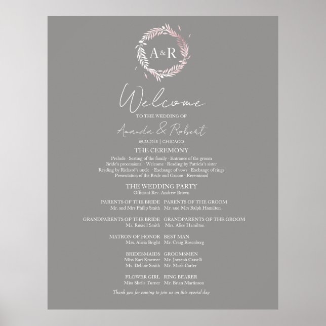 Monogram Bröllop Ceremony Program Sign Foam Board Poster (Framsidan)