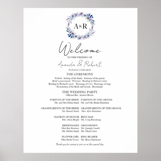 Monogram Bröllop Ceremony Program Sign Foam Board Poster (Framsidan)