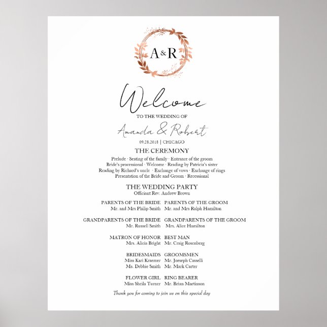 Monogram Bröllop Ceremony Program Sign Foam Board Poster (Framsidan)