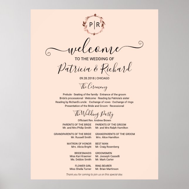 Monogram Bröllop Ceremony Program Sign Foam Board Poster (Framsidan)