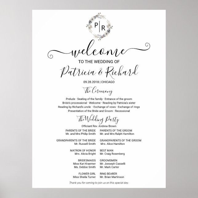 Monogram Bröllop Ceremony Program Sign Foam Board Poster (Framsidan)