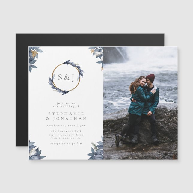 Monogram Bröllop foto från Guld Glitter och Blå kr Magnetisk Inbjudningskort (Fram/baksida)