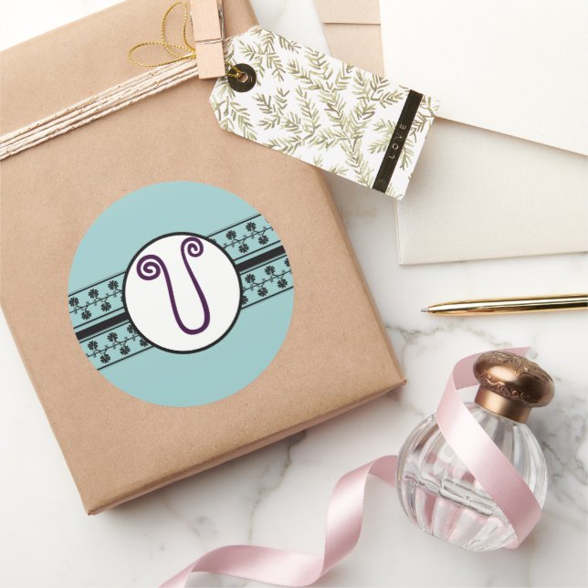 Monogram Bröllop Gräns Blue Runt Klistermärke (Gåvor)