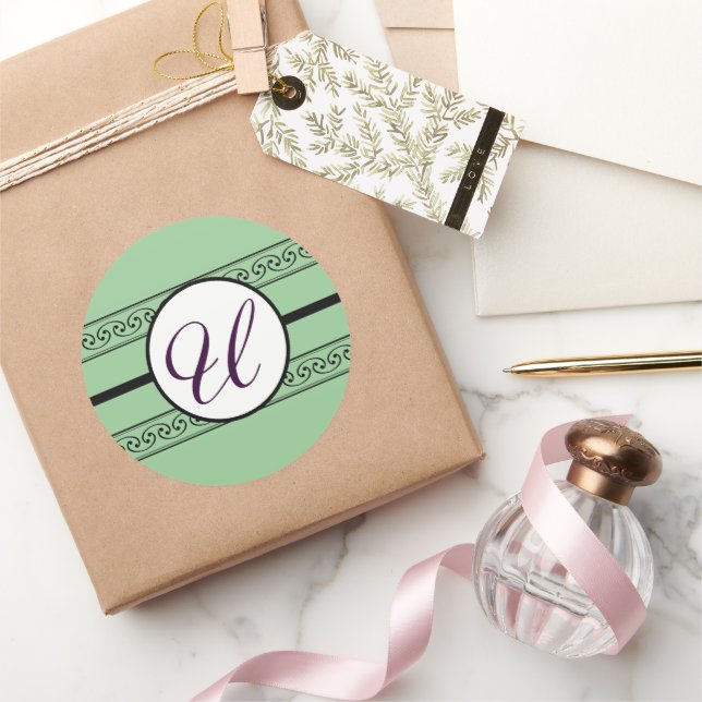 Monogram Bröllop Gräns Mint Runt Klistermärke (Gåvor)
