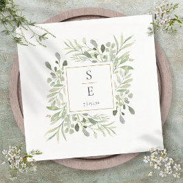 Monogram Bröllop Greenery Foliage Guld Napkins Pappersservett