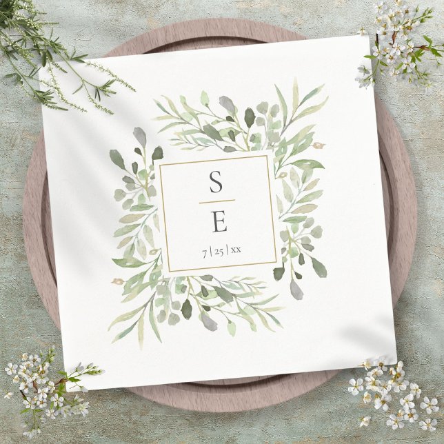 Monogram Bröllop Greenery Foliage Guld Napkins Pappersservett (Monogram Wedding Greenery Foliage Gold Napkins)