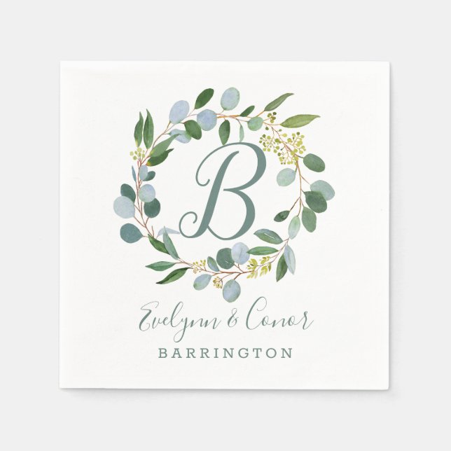 Monogram Bröllop grenerus wandey med eukalyptus Pappersservett (Framsidan)