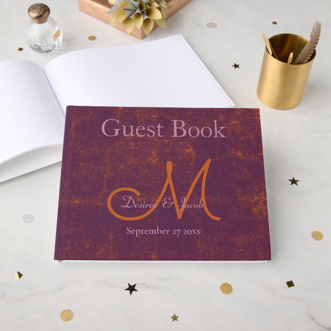 Monogram bröllop lila orange rustik textur gästböcker (Framsida Öppen)