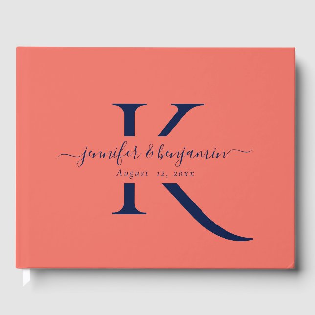 Monogram Bröllop med minimalistiskt blått korallsk Gästböcker (Framsida)