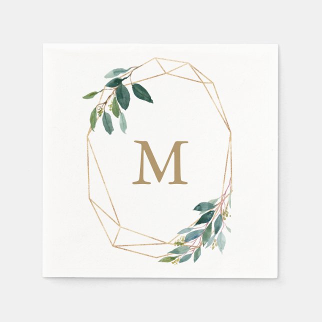 Monogram Bröllop Napkin Guld Greenery Pappersservett (Framsidan)