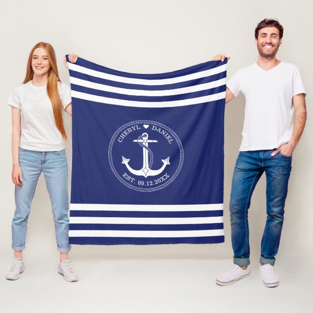 Monogram bröllop Nautical White Anchor Blue Rand Fleecefilt (På plats)