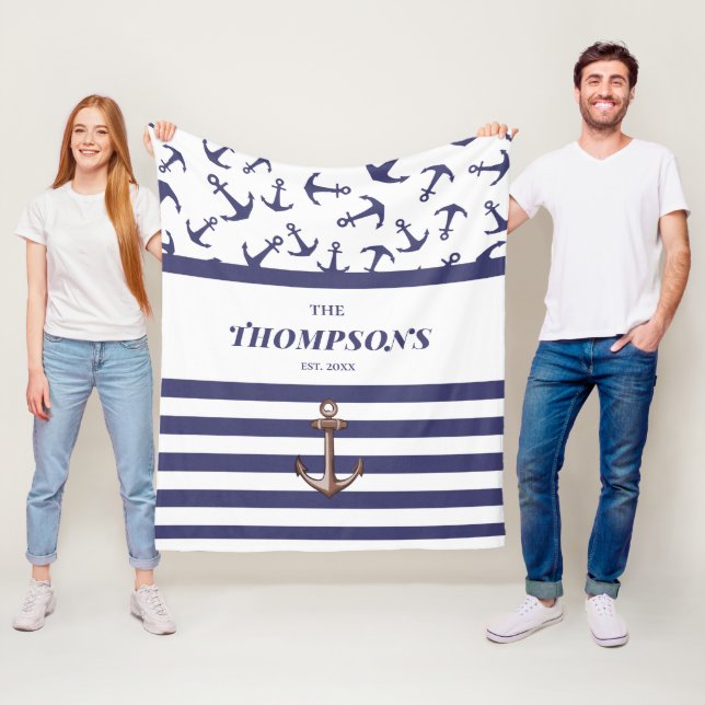 Monogram bröllop Nautical White Anchor Blue Rand Fleecefilt (På plats)