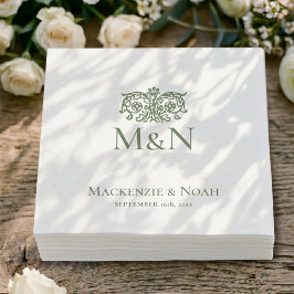 Monogram Bröllop Ornate Blommig Grön Papper Pappersservett
