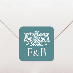 Monogram Bröllop Ornate Blommig Tealgrön Fyrkantigt Klistermärke