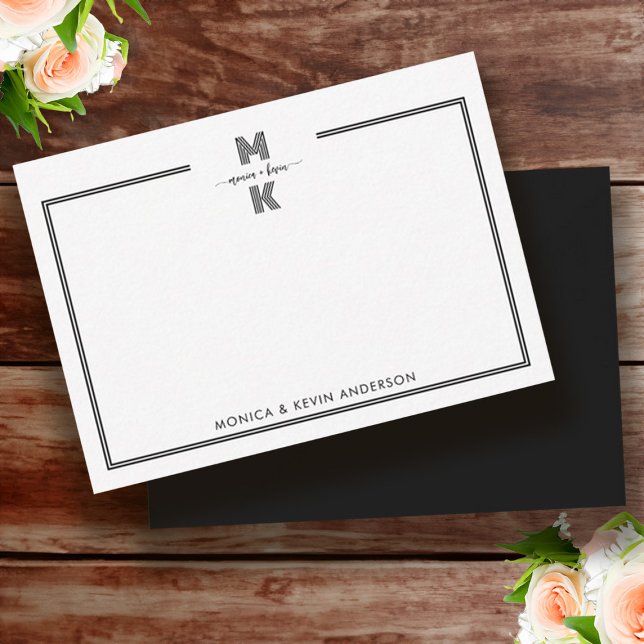 Monogram Bröllop par Black White Elegant Enkel Anteckningskort (Wedding Couple Black White Elegant Simple Monogram Note Card)