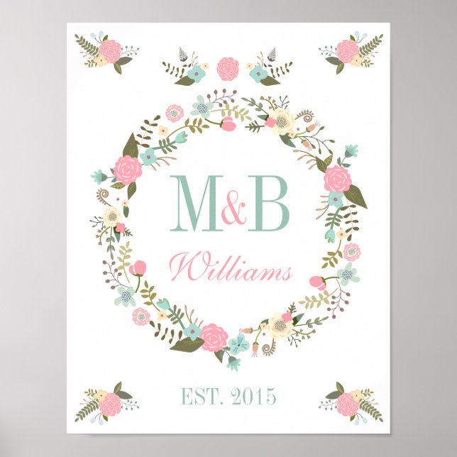 Monogram bröllop poster Blommigt boho bröllop (Framsidan)