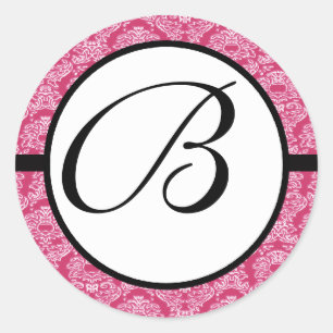Monogram Bröllop Raspberry Damask Runt Klistermärke