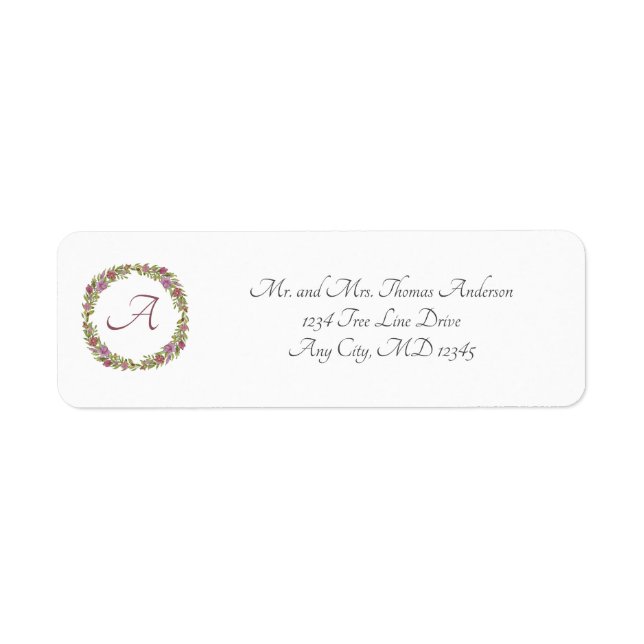 Monogram bröllop rosa grön blommig returadress etikett (Framsidan)