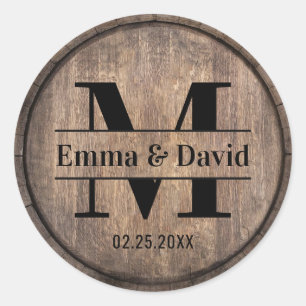 Monogram Bröllop Rustic Barn Wooden Runt Klistermärke