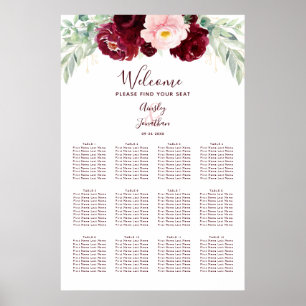 Monogram Bröllop-sätesdiagram för Burgundy Blommig Poster