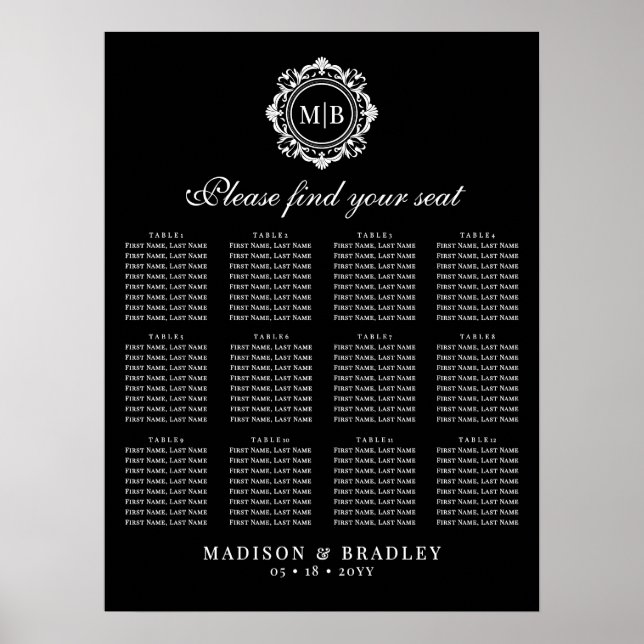 Monogram Bröllop-sittdiagram för Ornate Blommigt Poster (Framsidan)