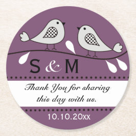 Monogram Bröllop Tack Lila Love birds Underlägg Papper Rund