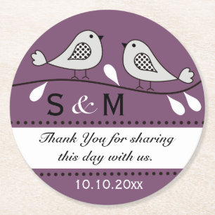 Monogram Bröllop Tack Lila Love birds Underlägg Papper Rund