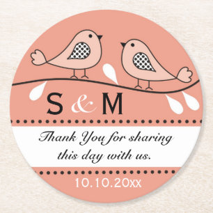 Monogram Bröllop Tack Peach Love birds Underlägg Papper Rund