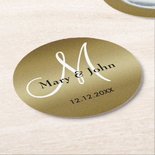 Monogram Bröllop Tack Shimmery Guld Underlägg Papper Rund