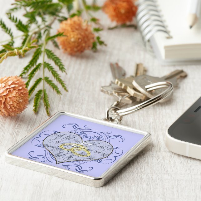 Monogram Bröllop Vow Heart Fyrkantig Silverfärgad Nyckelring (Sidan)